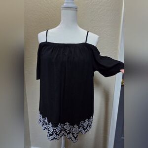 Old Navy Black Off-Shoulder Blouse with White Eyelet Embroidered Floral Detail